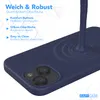 A dark blue silicone phone case with a liquid-like substance pouring onto it, creating ripples. Text overlays describe the product's features. Produktbild-Vorschau
