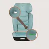 A teal-colored child car seat with a seatbelt, featuring two magnified circular insets highlighting specific features. Produktbild-Vorschau