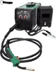 A welding machine with its accessories, including a welding mask, cables, and a keychain, is displayed against a white background. Produktbild-Vorschau
