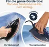 Collage showing an iron being used in two different ways: vertical steaming and dry ironing, with text and icons highlighting product features. Produktbild-Vorschau