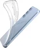 A clear phone case is shown partially covering a light blue smartphone. Voir les images du produit
