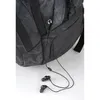 A close-up view of a black camouflage backpack with earbuds plugged into a port. Produktbild-Vorschau