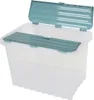 A transparent storage box with a teal lid, shown with the lid open. Voir les images du produit