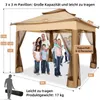 A family is standing under a beige pop-up pavilion with brown netting sides. Dimensions and capacity information are displayed. Podgląd zdjęcia produktu