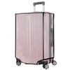 A pink suitcase covered with a transparent protective cover, standing on its wheels. Náhľad obrázku produktu