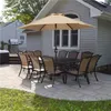 An outdoor patio scene with a dining set and umbrella, next to a house. Produktbild-Vorschau