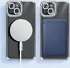 Two iPhone cases are shown side-by-side against a light blue background. The left case has a MagSafe charger attached, and the right case has a blue card holder attached. Náhled obrázku produktu