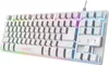 A white gaming keyboard with multicolor LED backlighting. Produktbild-Vorschau