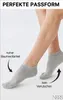 A close-up shot of a person's legs and feet wearing ankle socks against a white background. Text overlays describe the features of the socks. Produktbild-Vorschau