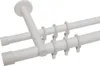 A close-up view of a white double curtain rod system with rings and clips, mounted on a white background. Produktbild-Vorschau