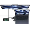 A top-down view of a laptop, external monitor, and smartphone connected to a USB-C hub. Produktbild-Vorschau