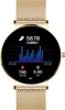 A close-up studio shot of a gold smartwatch with a black screen displaying fitness data. Produktbild-Vorschau