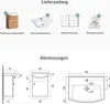 The image shows the contents of a product package and its dimensions. Produktbild-Vorschau