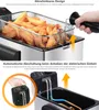 A deep fryer with fries and a close-up of its control panel. Produktbild-Vorschau