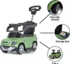 A green Land Rover Defender 90 ride-on toy car with various features highlighted by callouts. Náhled obrázku produktu