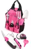 A pink gardening tool set with various tools laid out in front of and inside a pink tote bag. Podgląd zdjęcia produktu