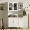 A white hutch cabinet with glass doors and wooden accents in a room. Podgląd zdjęcia produktu
