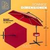 A marketing image showing a red patio umbrella with dimensions and features highlighted. Produktbild-Vorschau