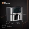 A Ruhhy air fryer is shown with dimensions and a diagram of a basket. Náhľad obrázku produktu