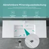 A white mineral composite sink with a hidden drain system, featuring marketing text and icons highlighting its features. Produktbild-Vorschau