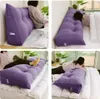 A collage of four images showing a purple wedge pillow being used in different positions by people on a bed. Produktbild-Vorschau