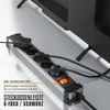 A power strip with multiple outlets is shown connected to devices, with text overlays describing its features. Voir les images du produit