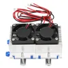 A close-up studio shot of a dual-fan thermoelectric cooler module with heatsinks and tubing. Podgląd zdjęcia produktu