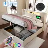 A bed with storage and LED lighting, shown with a remote control and a phone charging. Produktbild-Vorschau
