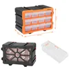 A collage of images showing a multi-compartment storage organizer with dimensions indicated, a close-up of the organizer's back, and a single drawer. Produktbild-Vorschau