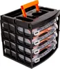 A black and orange multi-drawer storage organizer with a handle. Produktbild-Vorschau