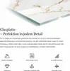 A close-up of a glass tabletop with a marble pattern and gold veins, with accompanying descriptive text and icons. Produktbild-Vorschau