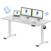 A white adjustable standing desk with two computer monitors, a laptop, a keyboard, a mouse, a cup of coffee, and headphones. Produktbild-Vorschau