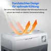 A portable cooler box with arrows indicating airflow and sun rays highlighting its design. Produktbild-Vorschau