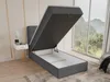 A bed with its storage compartment open, showing the interior, in a bedroom setting with a large window in the background. Produktbild-Vorschau