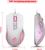 Two views of a white gaming mouse with pink accents and RGB lighting, along with dimension labels. Produktbild-Vorschau