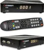 A collage of three images showing a black satellite receiver and its remote control. Produktbild-Vorschau