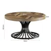 A round wooden coffee table with a metal base, shown with dimensions indicated. Voir les images du produit