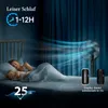 A fan is shown in a bedroom setting with two people sleeping in bed, highlighting the quiet operation and timer features. Produktbild-Vorschau