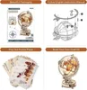 A collage of four images showcasing a wooden globe puzzle kit, its packaging, assembly instructions, and the finished product. Anteprima dell’immagine prodotto