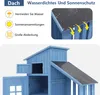 A blue wooden garden shed with a black roof, showing details of its construction and features. Voir les images du produit