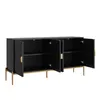 A black sideboard with four doors open, revealing shelves, and gold metal legs, set against a white background. Produktbild-Vorschau