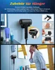 A collage of images showing a hairdryer holder and a woman using a hairdryer. Produktbild-Vorschau