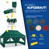 A marketing image showing the assembly steps and color options of a green pop-up garden pavilion. Produktbild-Vorschau