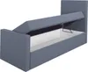 A gray upholstered bed frame with the storage compartment lid open, revealing a white interior. Produktbild-Vorschau