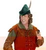 A man dressed as a medieval character, possibly Robin Hood, wearing a green hat with a feather and a brown and orange tunic. Produktbild-Vorschau