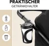 A close-up of a stroller cup holder attached to the handle of a stroller, with icons representing different types of drinks on the left side. Produktbild-Vorschau