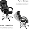 Two views of a black office chair against a white background, with German text describing its features. Voir les images du produit