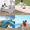 Collage of four scenes showing an inflatable mattress in different settings: indoors, outdoors on grass, inside a tent, and on a beach. Produktbild-Vorschau