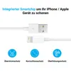 A white USB-A to Lightning charging cable with its connectors shown, along with three circular icons representing safety features. Produktbild-Vorschau