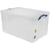 A clear, studio shot of a large, transparent plastic storage box with blue handles. Anteprima dell’immagine prodotto